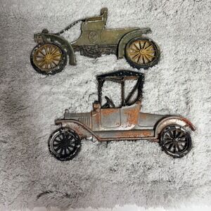 Vintage Sexton USA Cast Metal Antique Car Wall Art Plaques Set of 2 MCM Decor